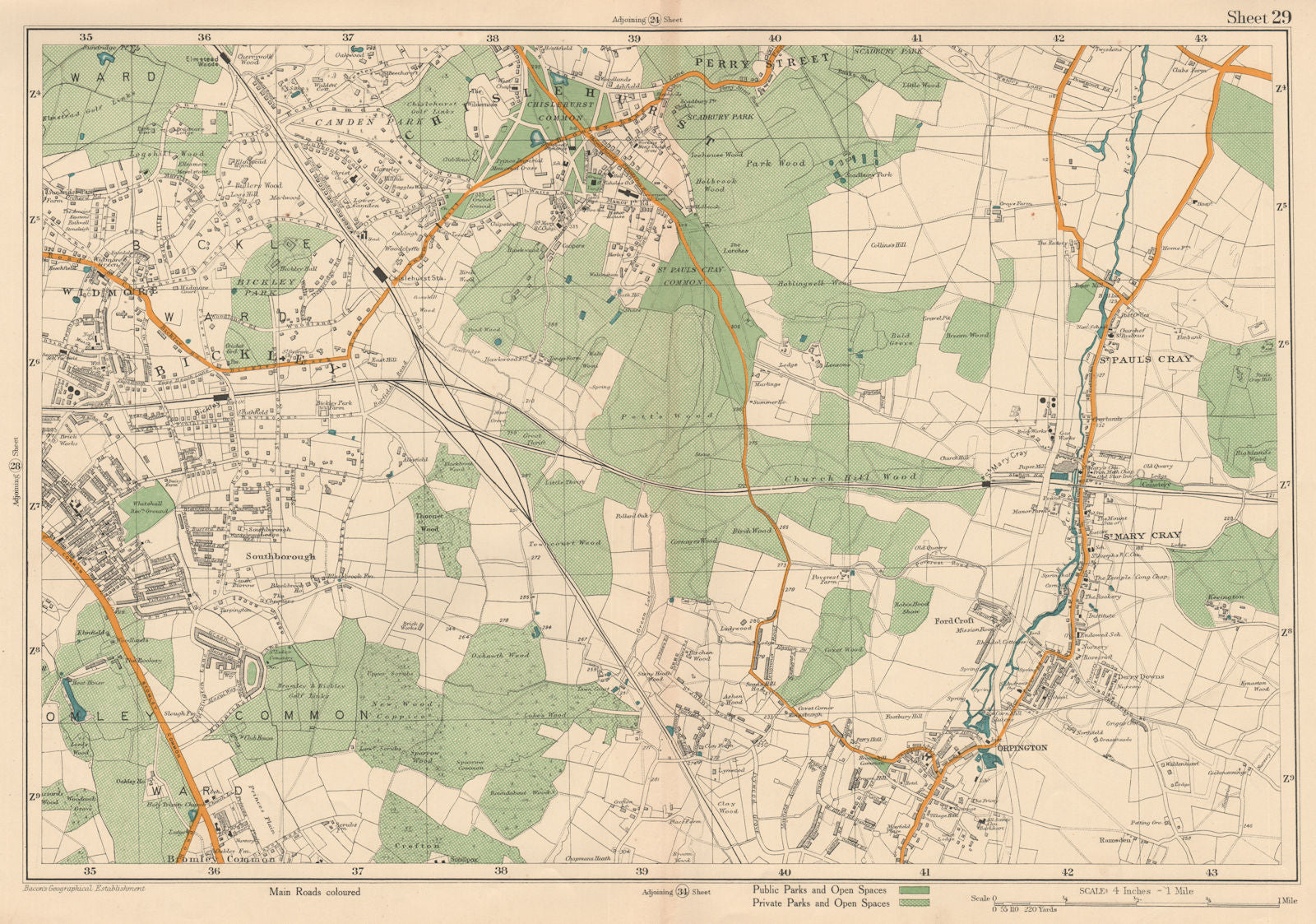 BROMLEY & ORPINGTON Chislehurst Petts Wood St Paul's Mary Cray. BACON 1927 map